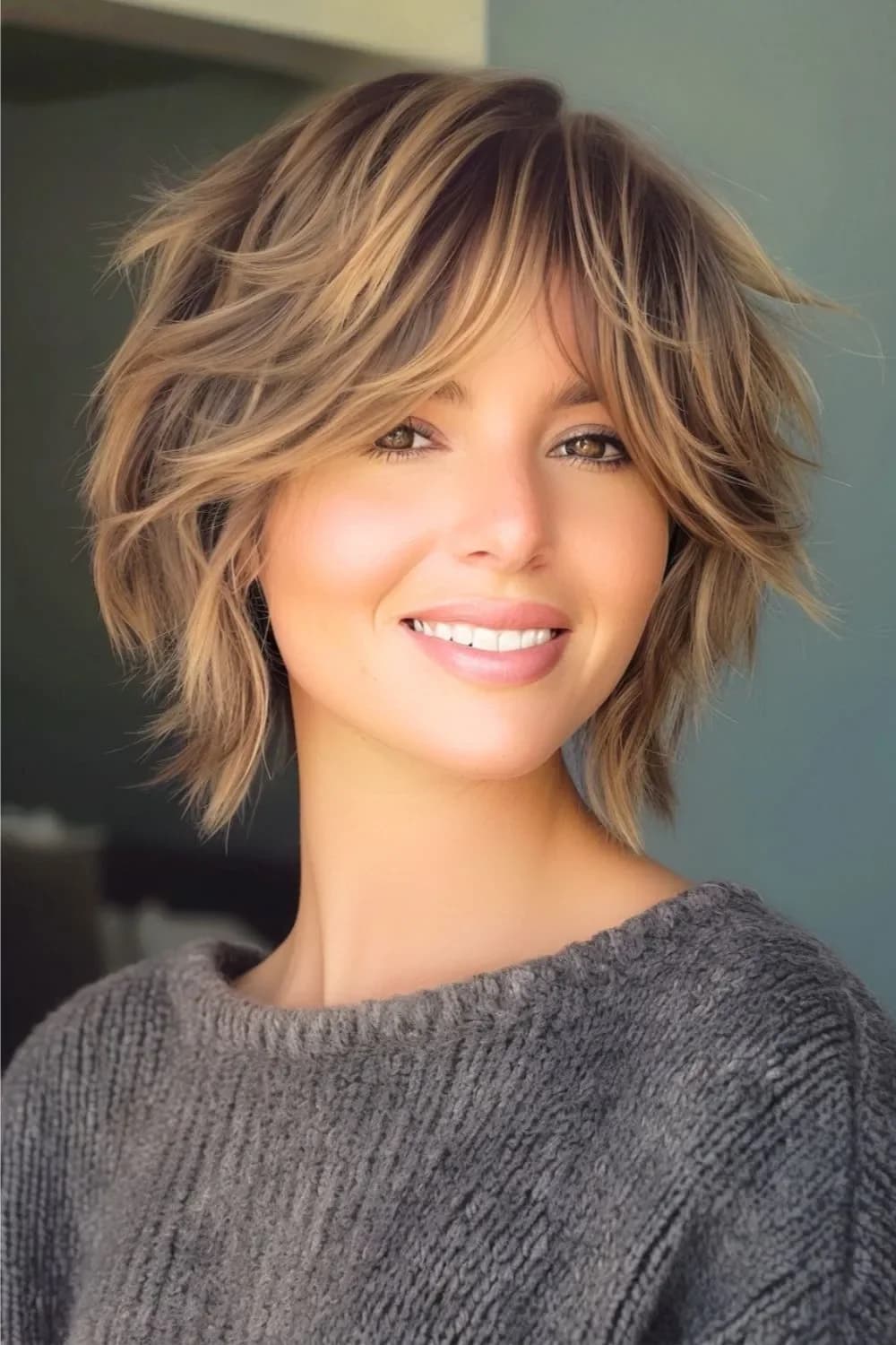 Women's bixie haircut blending a bob and a pixie with layers and movement