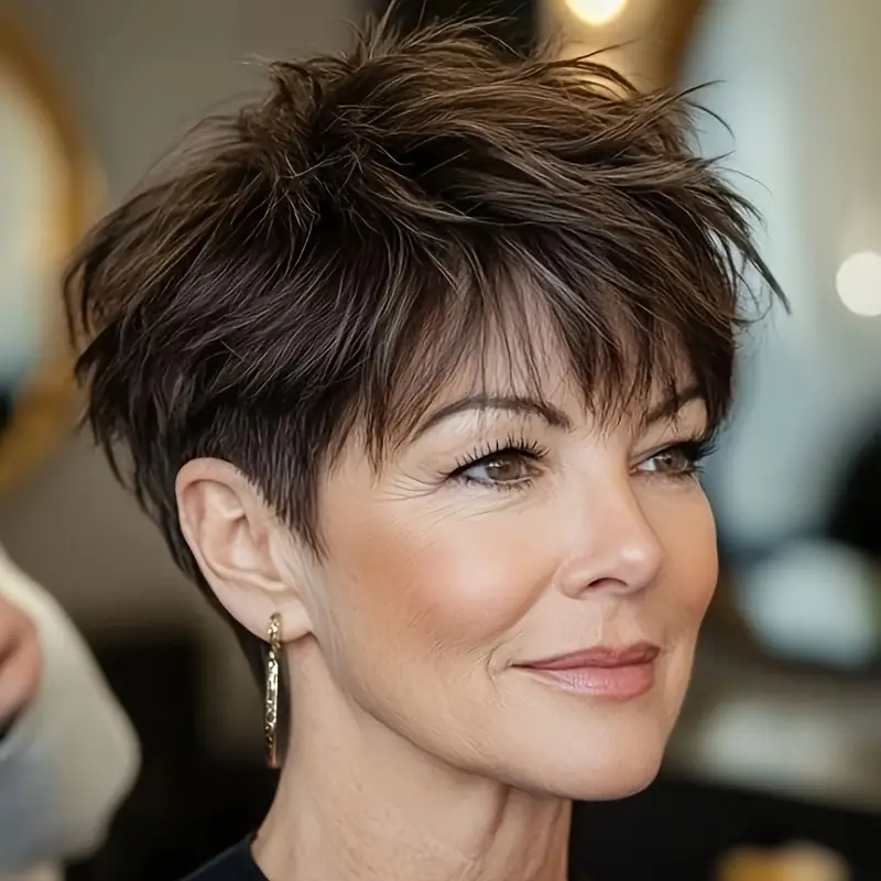 Modern women's pixie cut with a light fringe and cleaner sides