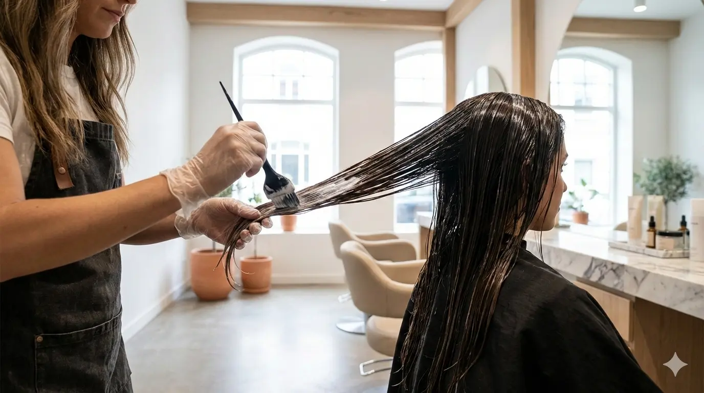 Professional hairstylist applying hair botox treatment to client's hair in modern Lisbon salon