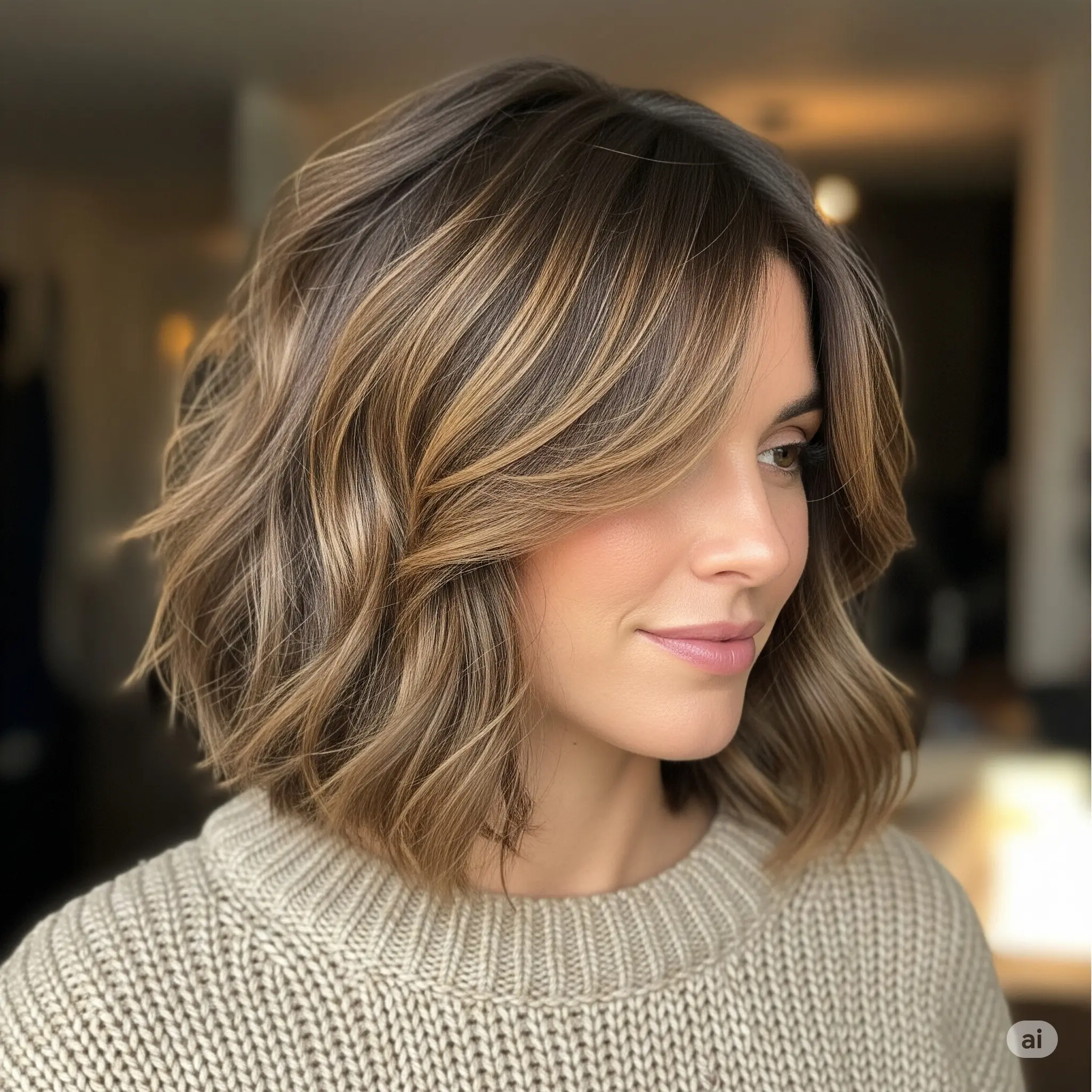 Woman wearing a modern chin-length short bob with shine and movement