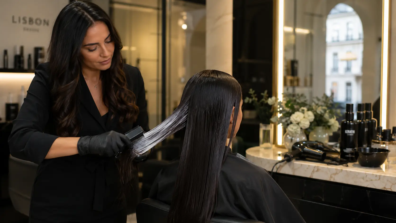 Cabeleireiro profissional a alisar o cabelo de uma cliente num salão moderno em Lisboa